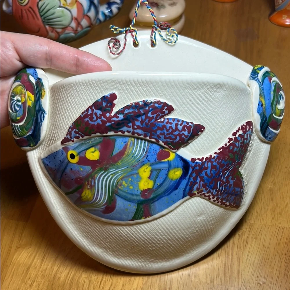 Artist Lucinda signed pottery fish Wall pocket Colorful Decor